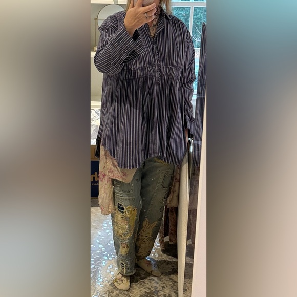 Free People We the Free Long Blue Striped Tunic Top Shirt L Collar NWT - Picture 3 of 15